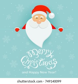 Happy Santa Claus behind a blue banner with lettering Merry Christmas and Happy New Year, illustration.