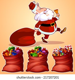 Happy Santa Claus with bell and set of bags with gifts. Vector clip-art illustration.