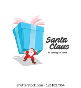 Happy Santa Claus with big gift box, Christmas concept. Perfect for greeting card, poster, banner. Vector illustration in flat style