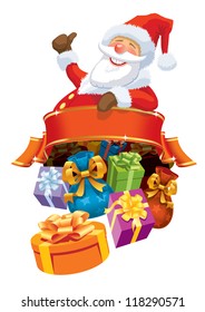 Happy Santa Claus with blank banner and christmas gifts.