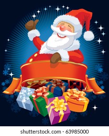 Happy Santa Claus with blank banner and christmas gifts.
