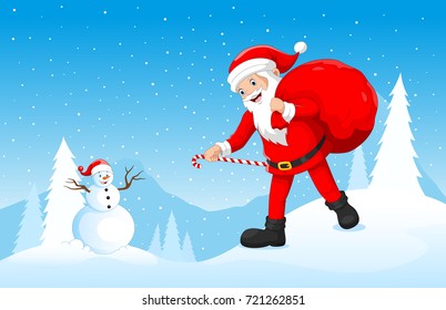 Happy Santa Claus brings gift bags with winter background