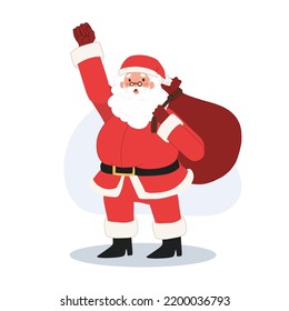 Happy Santa claus is carry a sack of gift is ready to work. cheer up. raise hand up. Vector illustration.