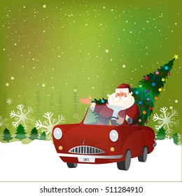 Happy Santa Claus carrying big Xmas Tree in red car on winter background for Merry Christmas celebration.