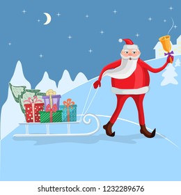 Happy Santa Claus carrying a sled with gifts and a Christmas tree