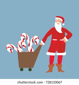 Happy Santa Claus with a cart of gifts, character for Christmas and New Year Design. Vector illustration, isolated.