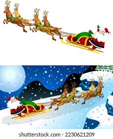 Happy Santa Claus Cartoon Character A Reindeers Flying In A Sleigh. Vector Flat Design Collection Set Isolated On White Background