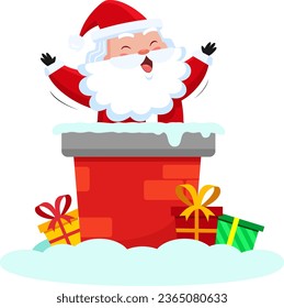 Happy Santa Claus Cartoon Character In The Chimney. Vector Illustration Flat Design Isolated On Transparent Background