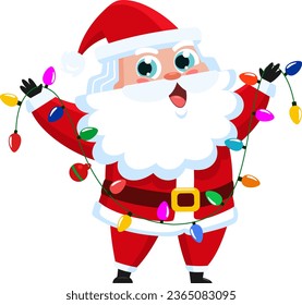 Happy Santa Claus Cartoon Character With Christmas Lights. Vector Illustration Flat Design Isolated On Transparent Background