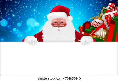 Happy Santa Claus, Cartoon Character, isolated, snow, gift boxes, presents. Merry Christmas and Happy New Year background. Hand drawn Vector Illustration, realistic 3d