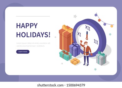 Happy Santa Claus Celebrates New Year near big clocks and prepare Holiday Gift Boxes. Merry Christmas and Happy New Year Concept.  Flat isometric vector illustration. 