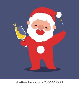 Happy Santa Claus with champagne glass vector cartoon character.