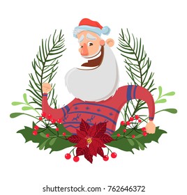 Happy Santa Claus character in a Christmas wreath. Vector illustration, isolated on white background. Santa in deer sweater waves hello.
