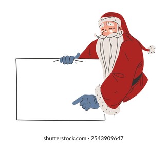 Happy Santa Claus character with empty sheet in hands. Vector blank template or banner. Letter to Santa or page for Christmas wishlist. Cartoon personage of Santa or Saint Nicholas. New Year card.