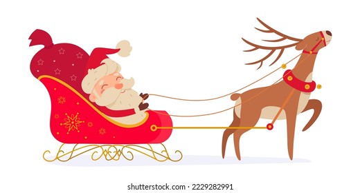 Happy Santa Claus character riding red sleigh with reindeer vector illustration. Cartoon funny cute old grandfather with beard delivering bag full of Christmas gifts for kids isolated on white