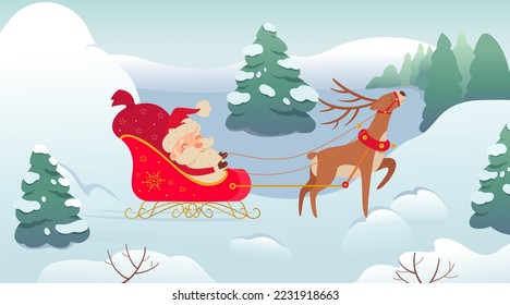 Happy Santa Claus character riding red sleigh with reindeer in winter forest vector illustration. Cartoon funny cute old grandfather with beard delivering bag full of Christmas gifts for kids.