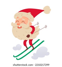 Happy Santa Claus character skiing vector illustration. Cartoon funny cute old man with beard, red hat and costume holding ski poles, active grandfather riding down snowy slope isolated on white