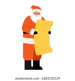 Happy Santa Claus character stand reading Christmas wish list. Old man with glasses reads big letter. Vector illustration in flat style on white background