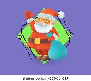 Feliz personaje de Santa Claus saludando. Hombre mayor en sombrero rojo y traje con saco Ilustración vectorial 3D sobre fondo abstracto. Vacaciones de invierno, Año Nuevo, concepto de Navidad