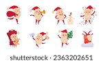 Happy Santa Claus characters set vector illustration. Cartoon funny old man with beard and red costume jumping, running with Christmas tree, bag with gifts, holding megaphone isolated on white