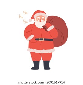 Happy Santa Claus with Christmas bag portrait. Merry laughing old bearded character with big gift sack for Xmas and New Year winter holidays. Flat vector illustration isolated on white background
