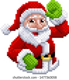 Happy Santa Claus Christmas character waving in an 8 bit pixel art video game style