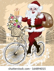 happy Santa Claus with Christmas tree and gifts riding bike 