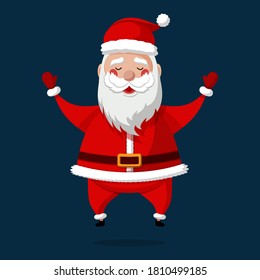 Happy Santa Claus with closed eyes. Merry Christmas and Happy New Year 2021! Christmas cute flat character.  Holiday greeting card. Isolated vector illustration.