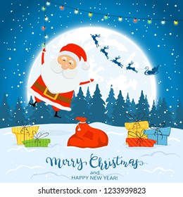 Happy Santa Claus with colorful Christmas lights and gifts. Text Merry Christmas and Happy New Year on winter background with falling snow, illustration.