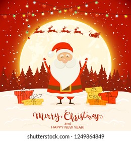 Happy Santa Claus with colorful Christmas lights and gifts on snow. Deer and text Merry Christmas and Happy New Year on red winter background, illustration.