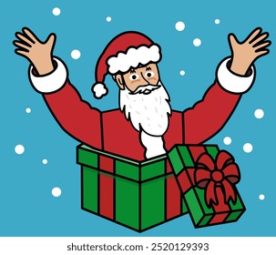 happy santa claus coming out of a gift making surprised gesture, christmas concept