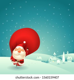 Happy Santa Claus is coming to town - winter night scene vector illustration