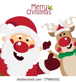 Happy Santa Claus and Cute Reindeer Making Hand Thumbs Up ,cartoon characters for Christmas Greeting,Happy New Year Concept,design for Card and poster,Vector illustration.