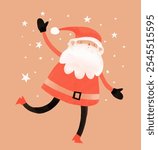 Happy Santa Claus Dancing Among Stars. Cute Hand Drawn Winter Holidays Vector Card with Cute Cheerful Santa. Funny Christmas Print with Dad Dressed Up In Santa Claus Costume. Xmas Greeting Card. RGB.