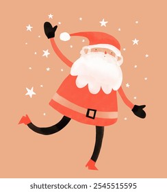 Happy Santa Claus Dancing Among Stars. Cute Hand Drawn Winter Holidays Vector Card with Cute Cheerful Santa. Funny Christmas Print with Dad Dressed Up In Santa Claus Costume. Xmas Greeting Card. RGB.