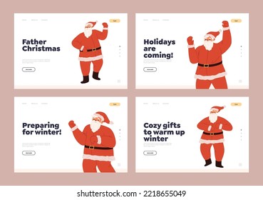 Fröhliches Weihnachtsfest, Set von Landing-Seiten Vorlagen mit Cartoon Santa in rotem Kostüm lustig und fröhlich. Winterferien und neues Jahr Banner Design. Flache Vektorgrafik
