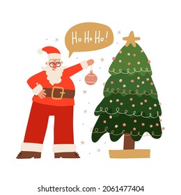 Happy Santa Claus is decorating the Christmas tree. Festive character hanging xmas toy. Flat vector illustration Isolated on a white background. Greeting card with Lettering hohoho