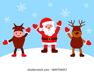 Happy santa claus, deer and bull waving hands. Christmas characters. Vector flat illustration