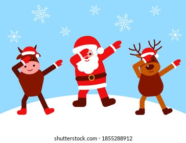 Happy santa claus, deer and bull dab dance. Christmas characters. Vector flat illustration