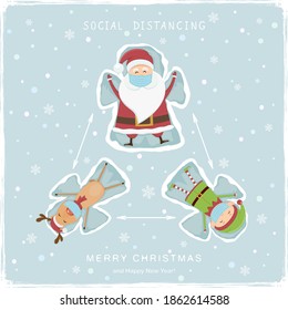 Feliz Papá Noel, ciervos y elfos hacen ángeles de nieve. Dejando atrás el distanciamiento social y la Feliz Navidad con fondo nevado azul. La ilustración se puede utilizar para el diseño de vacaciones, tarjetas, invitaciones, banners.