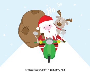 Happy santa Claus and deer riding a motor scooter, with a sack full of  boxed gifts. Christmas holiday greeting card design element in contemporary flat style.