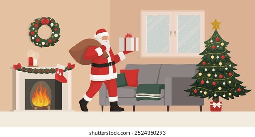 Feliz Papá Noel entregando regalos en casa, está caminando en una sala de estar y sosteniendo un regalo de Navidad