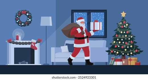 Feliz Papá Noel entregando regalos en casa, está caminando en una sala de estar por la noche y sosteniendo un regalo de Navidad