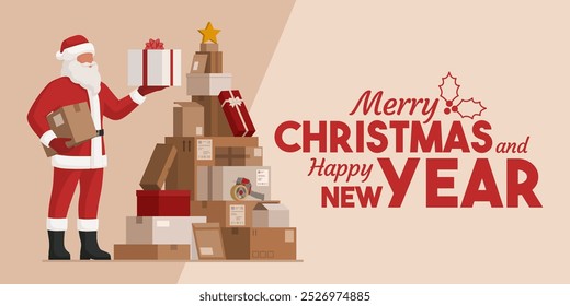 Happy Santa Claus and delivery boxes arranged in the shape of a Christmas tree, banner with Christmas wishes