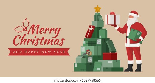 Happy Santa Claus and delivery boxes arranged in the shape of a Christmas tree, banner with Christmas wishes