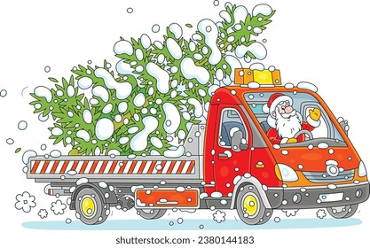 Happy Santa Claus driving his funny small truck with a snowy fir tree from a winter forest, vector cartoon illustration isolated on a white background