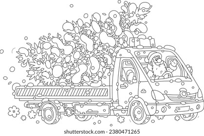 Happy Santa Claus driving his funny small truck with a snowy fir tree from a winter forest, black and white outline vector cartoon illustration for a coloring book