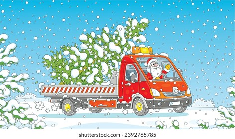 Happy Santa Claus driving his funny red truck with a snowy fir tree from a winter forest, vector cartoon illustration