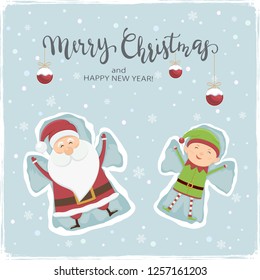 Happy Santa Claus and elf make a snow angels. Lettering Merry Christmas with balls on snowy background, illustration.
