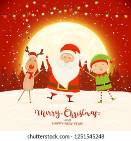 Happy Santa Claus, elf and reindeer with colorful Christmas lights on red winter background. Text Merry Christmas and Happy New Year on snow, illustration.